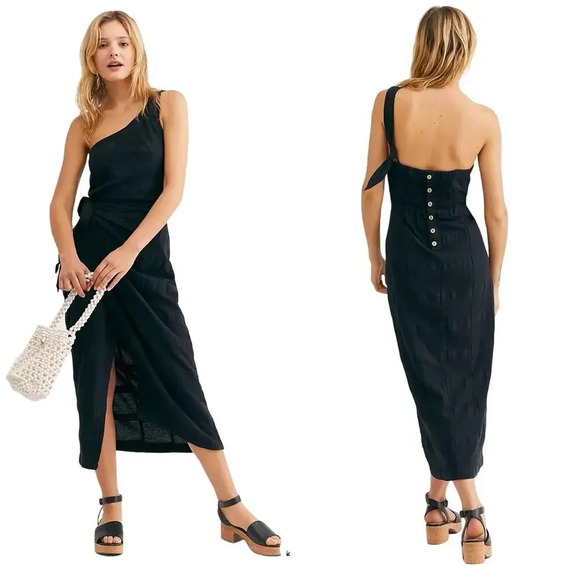 Free People Dresses & Skirts - New Free People At Leisure Midi Dress Wrap One Shoulder Linen Cotton Black Large